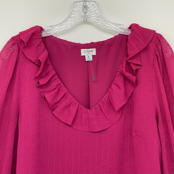 J. Crew Ruffle Blouse Shimmery Clip-Dots V-Neck Long Sleeve Elastic Cuff lined - Picture 2 of 8